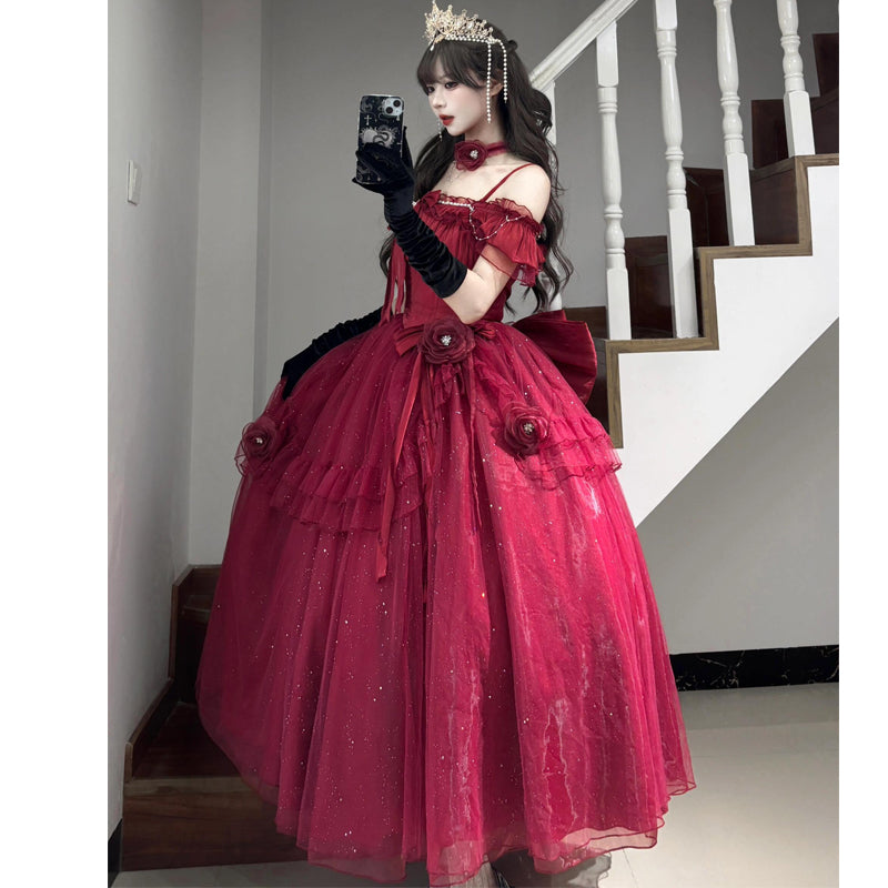 Hime Lolita Burgundy Red Gradient Ball Gown Lolita Dress with Organza Layers