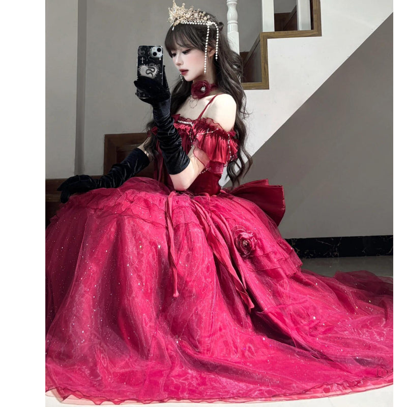 Hime Lolita Burgundy Red Gradient Ball Gown Lolita Dress with Organza Layers