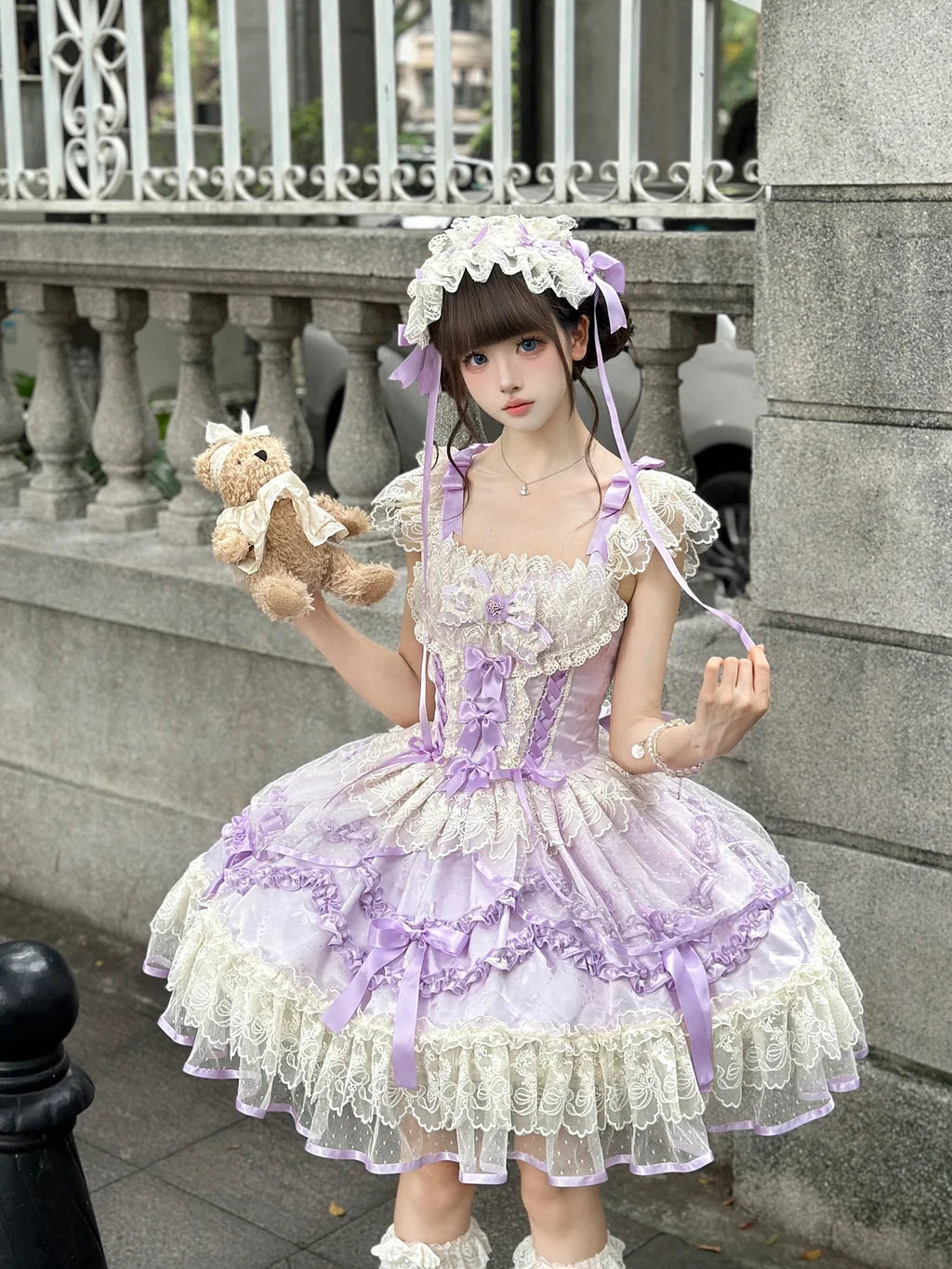 Hime Lolita Cake Dress Lavender Purple Lace Layer Bow Accented Lolita Dress