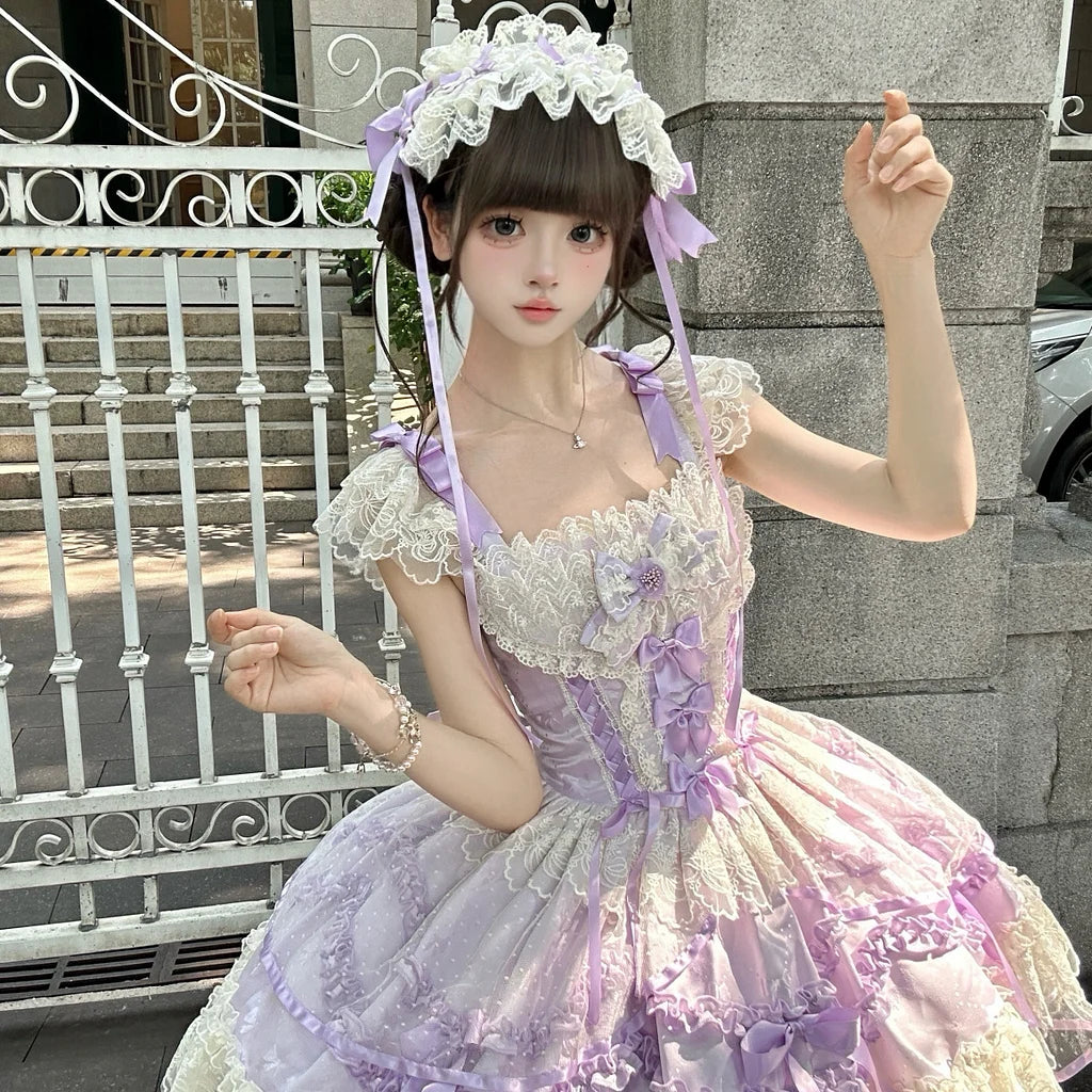 Hime Lolita Cake Dress Lavender Purple Lace Layer Bow Accented Lolita Dress