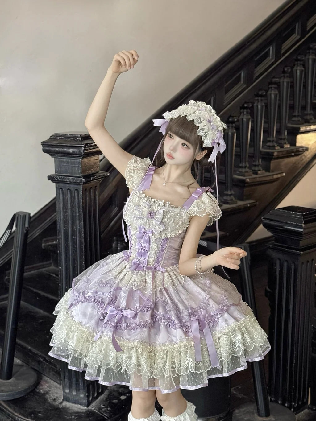 Hime Lolita Cake Dress Lavender Purple Lace Layer Bow Accented Lolita Dress