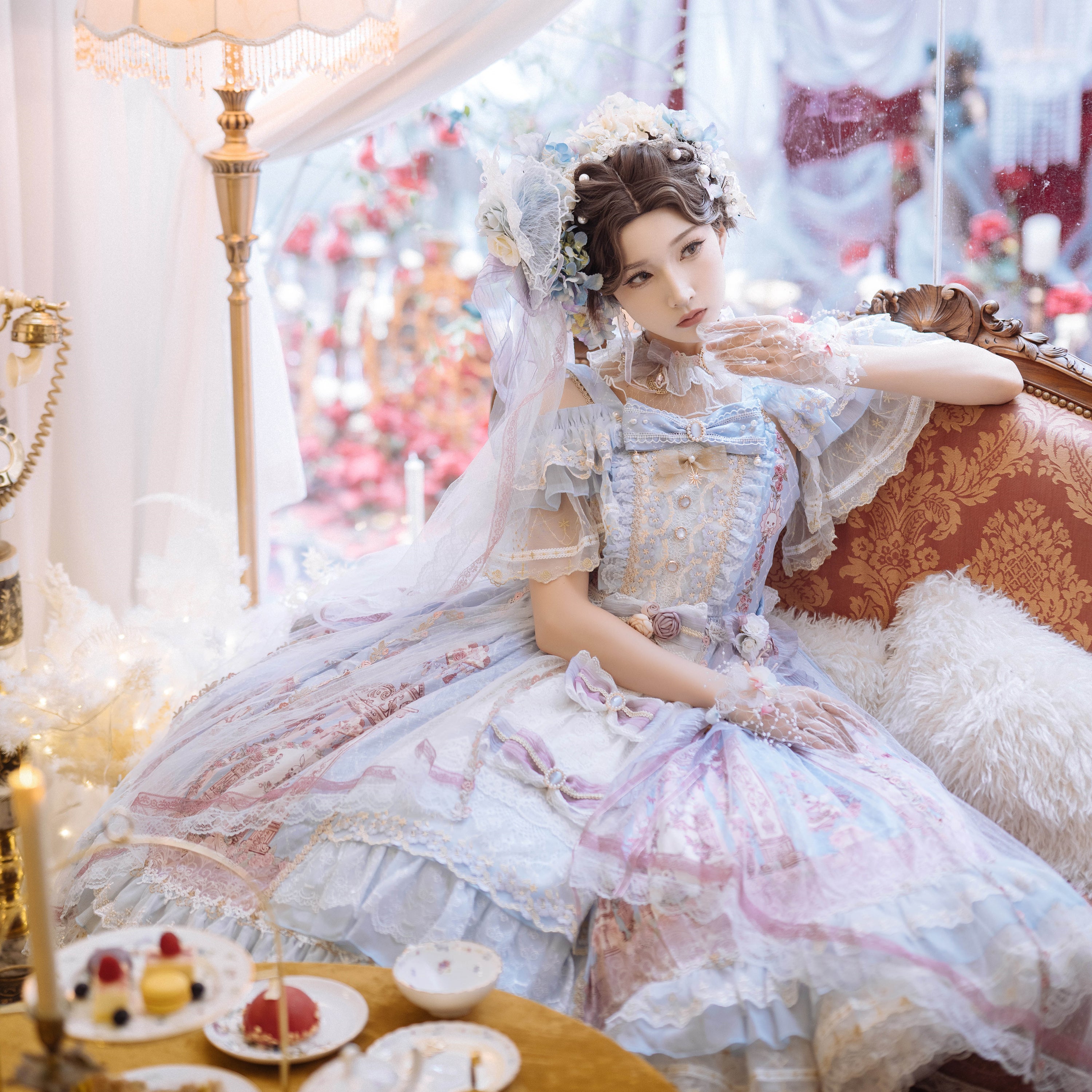 Hime Lolita Flower Marriage JSK Gorgeous Lolita Full Set Print Pink Blue Dress Lolita Voyage