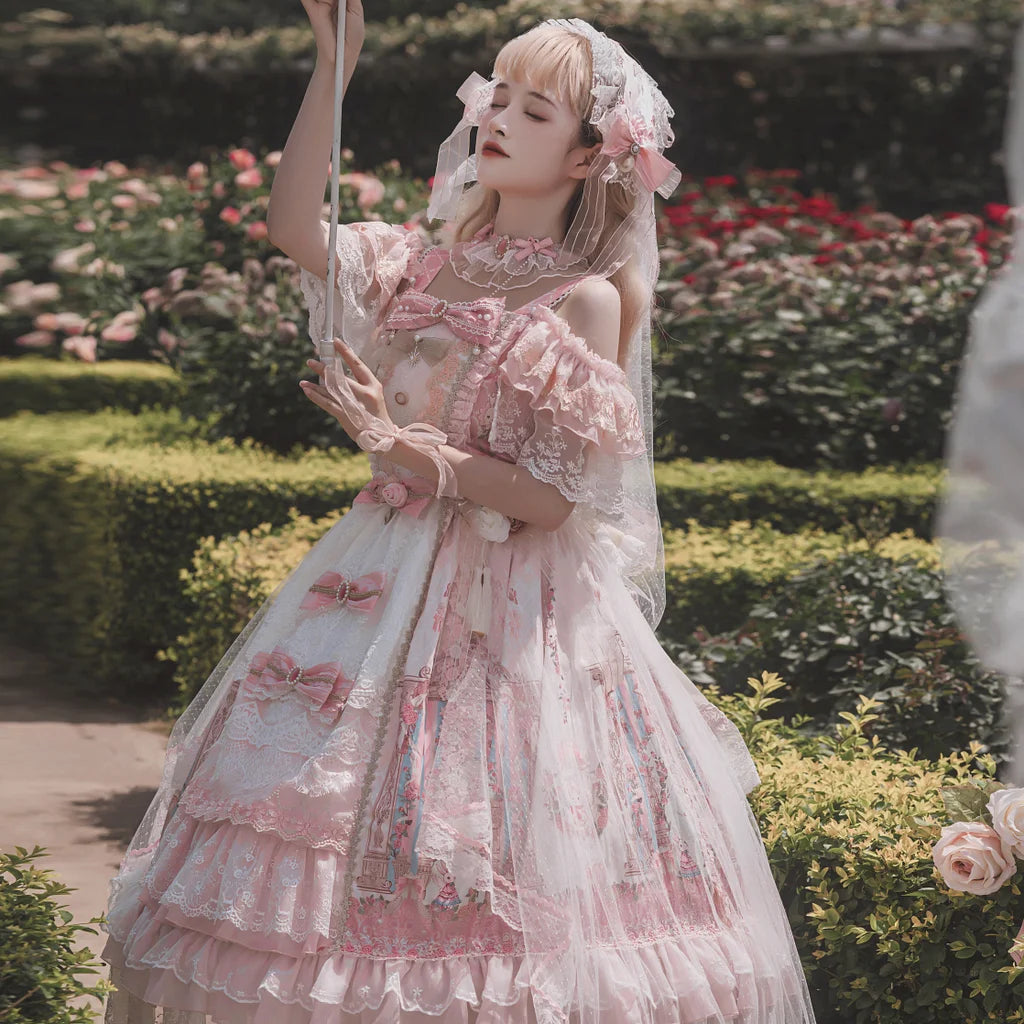 Hime Lolita Flower Marriage JSK Gorgeous Lolita Full Set Print Pink Blue Dress Lolita Voyage