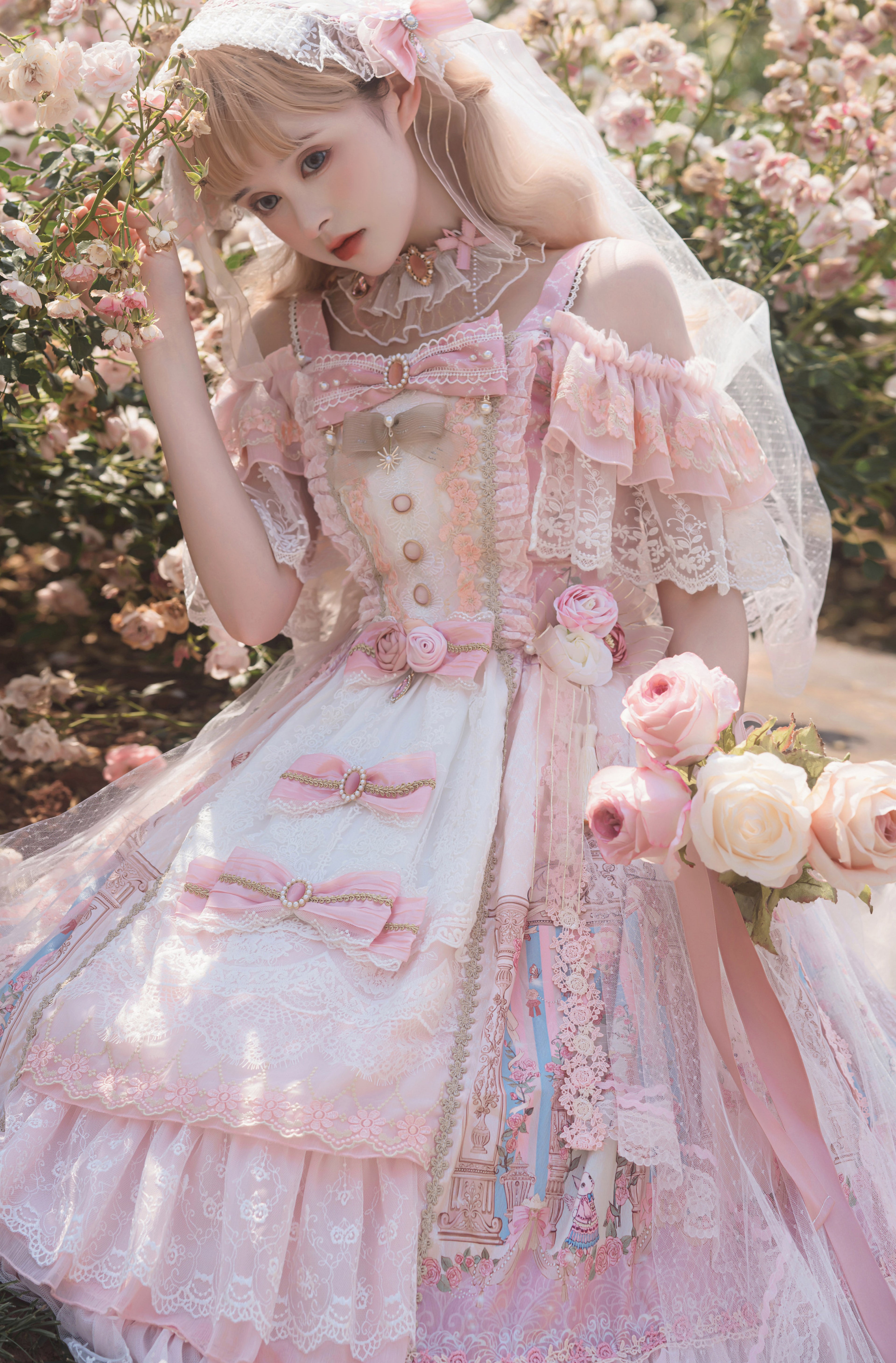 Hime Lolita Flower Marriage JSK Gorgeous Lolita Full Set Print Pink Blue Dress Lolita Voyage
