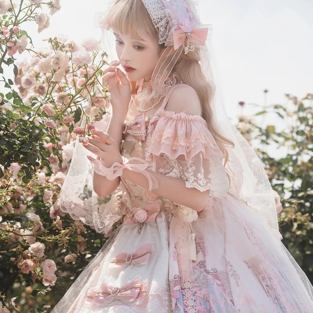 Hime Lolita Flower Marriage JSK Gorgeous Lolita Full Set Print Pink Blue Dress Lolita Voyage