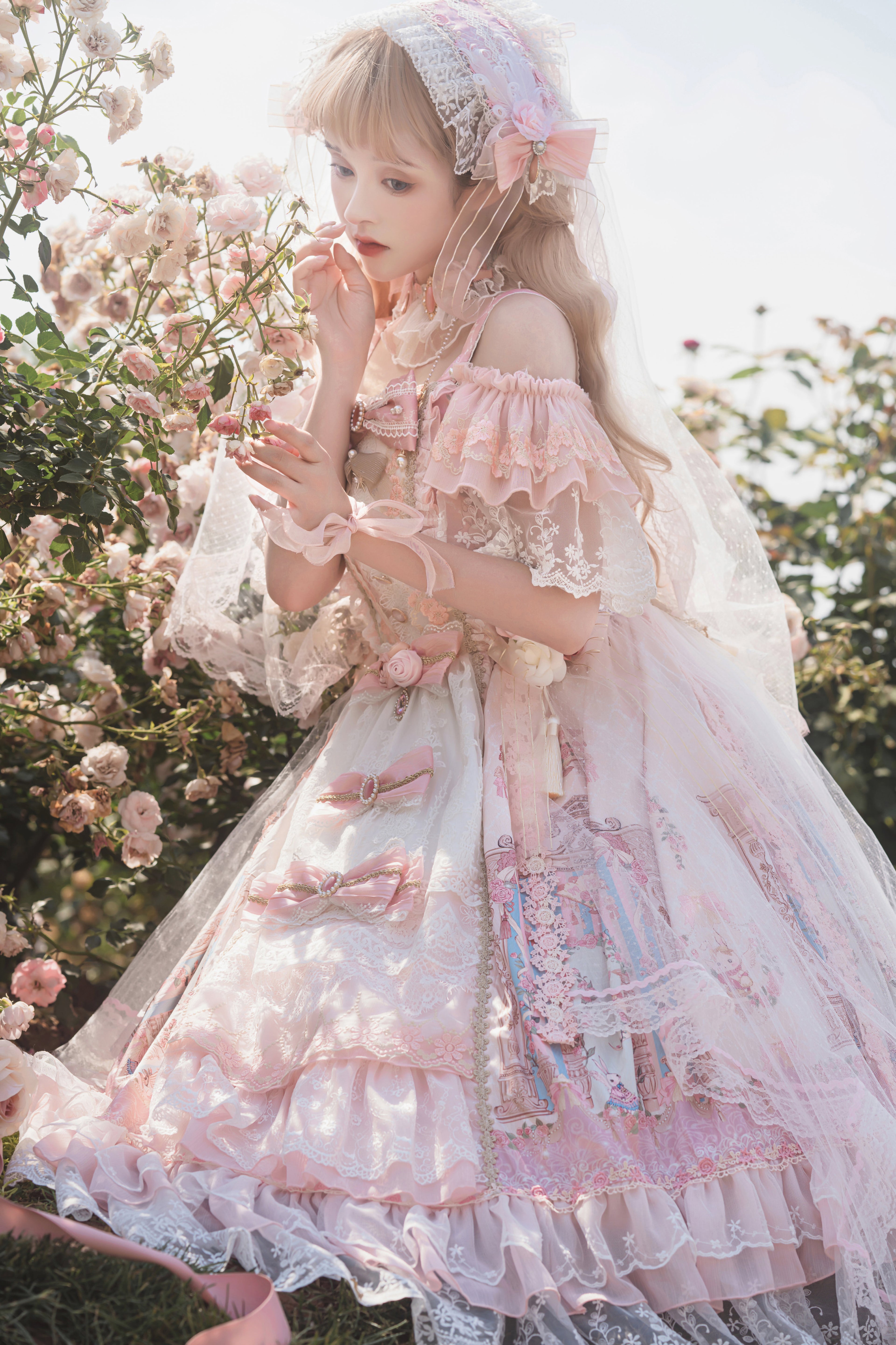 Hime Lolita Flower Marriage JSK Gorgeous Lolita Full Set Print Pink Blue Dress Lolita Voyage