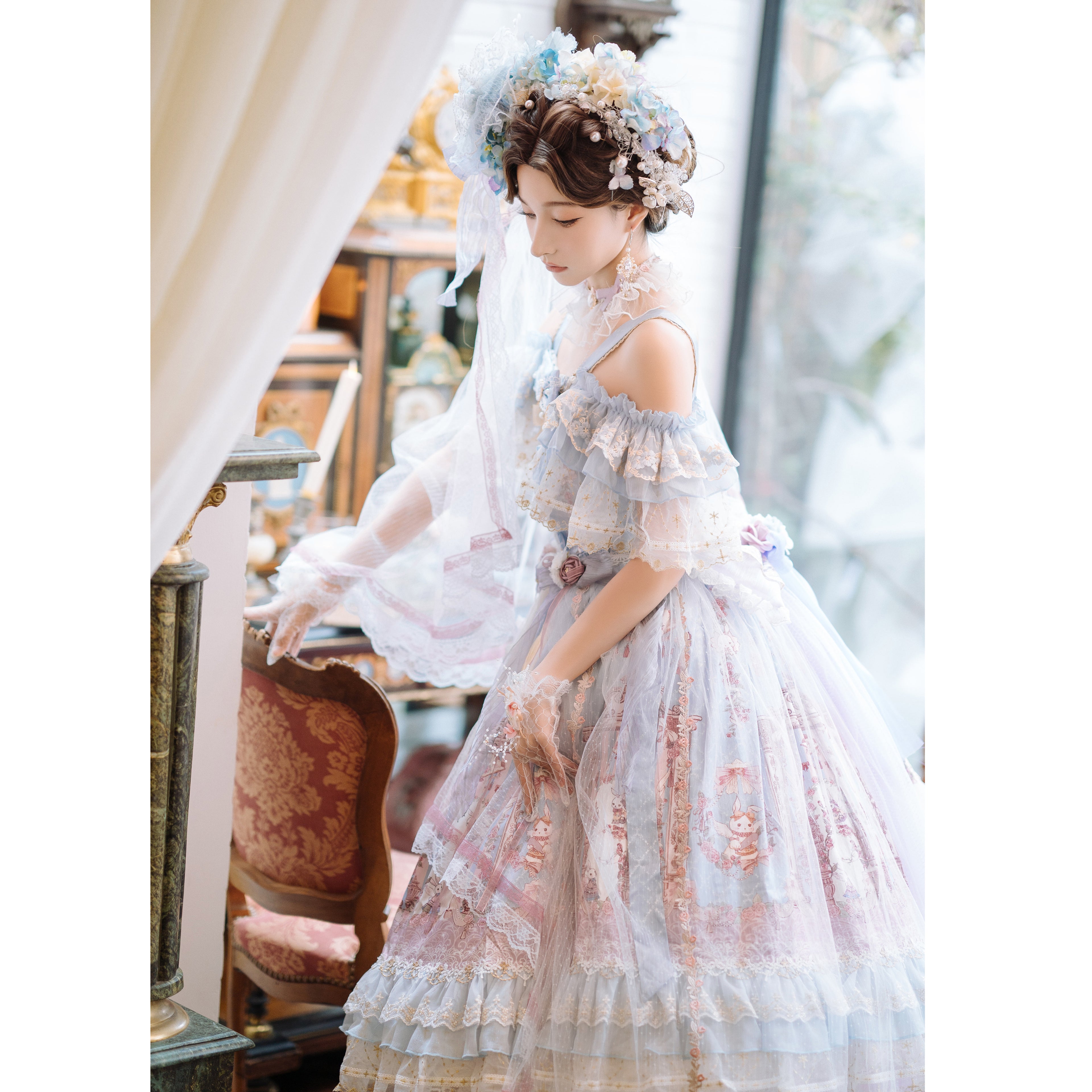 Hime Lolita Flower Marriage JSK Gorgeous Lolita Full Set Print Pink Blue Dress Lolita Voyage