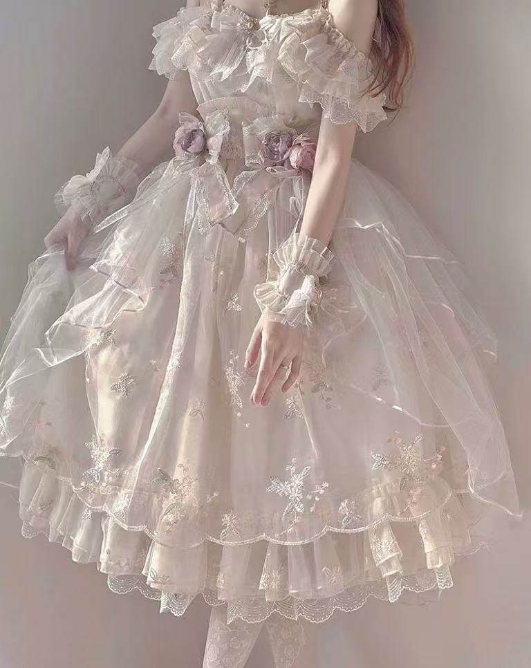 Hime Lolita Ivory Short Sleeve Layered Bridal Ribbon Princess Elegant Lovely Strapless Lolita Dress Set