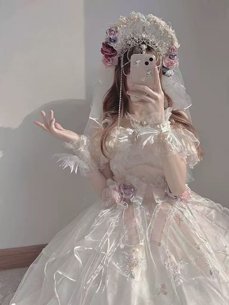Hime Lolita Ivory Short Sleeve Layered Bridal Ribbon Princess Elegant Lovely Strapless Lolita Dress Set
