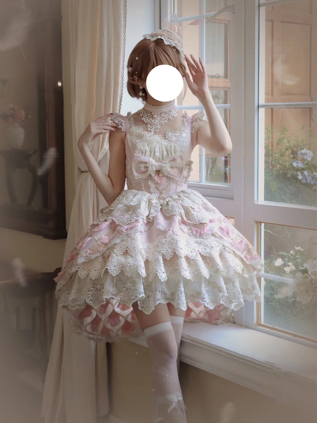 Hime Lolita Tea Party Fashion Pink Ethereal Pink Lace Dress with Sheer Panels Feather Embellishments