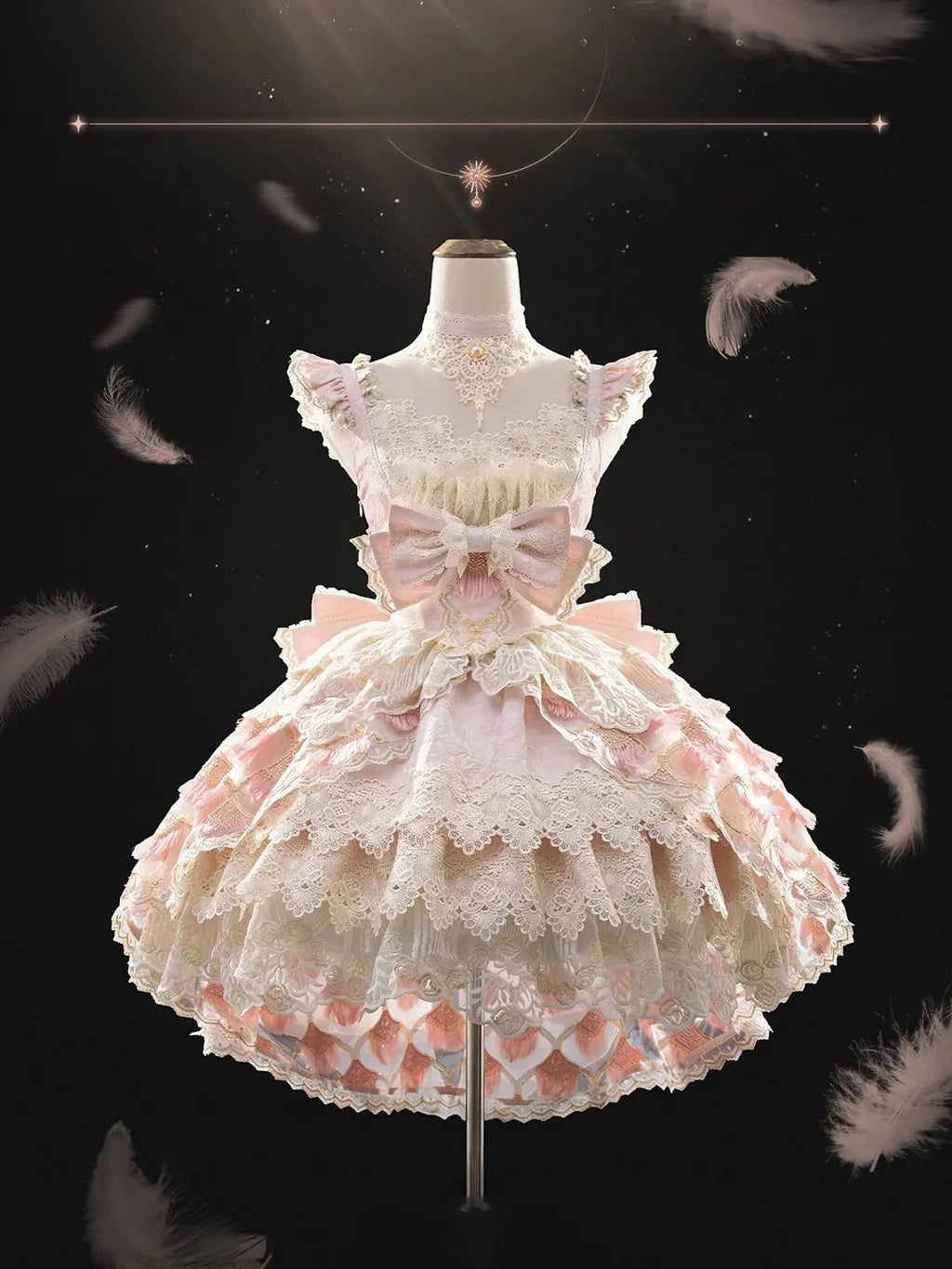 Hime Lolita Tea Party Fashion Pink Ethereal Pink Lace Dress with Sheer Panels Feather Embellishments