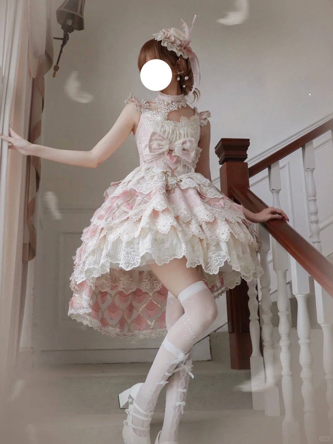 Hime Lolita Tea Party Fashion Pink Ethereal Pink Lace Dress with Sheer Panels Feather Embellishments