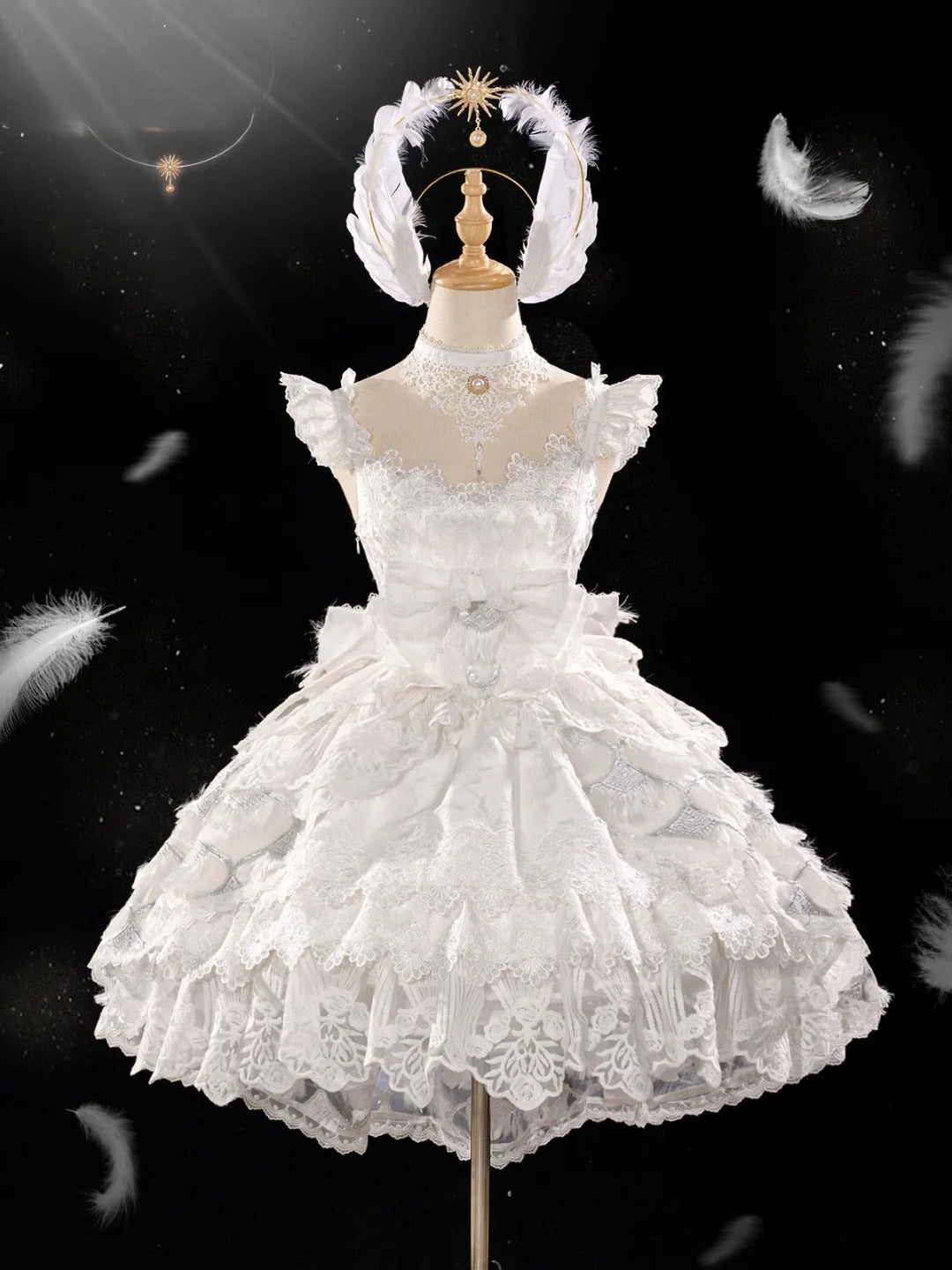 Hime Lolita Tea Party Fashion White Ethereal White Lace Dress with Sheer Panels Feather Embellishments