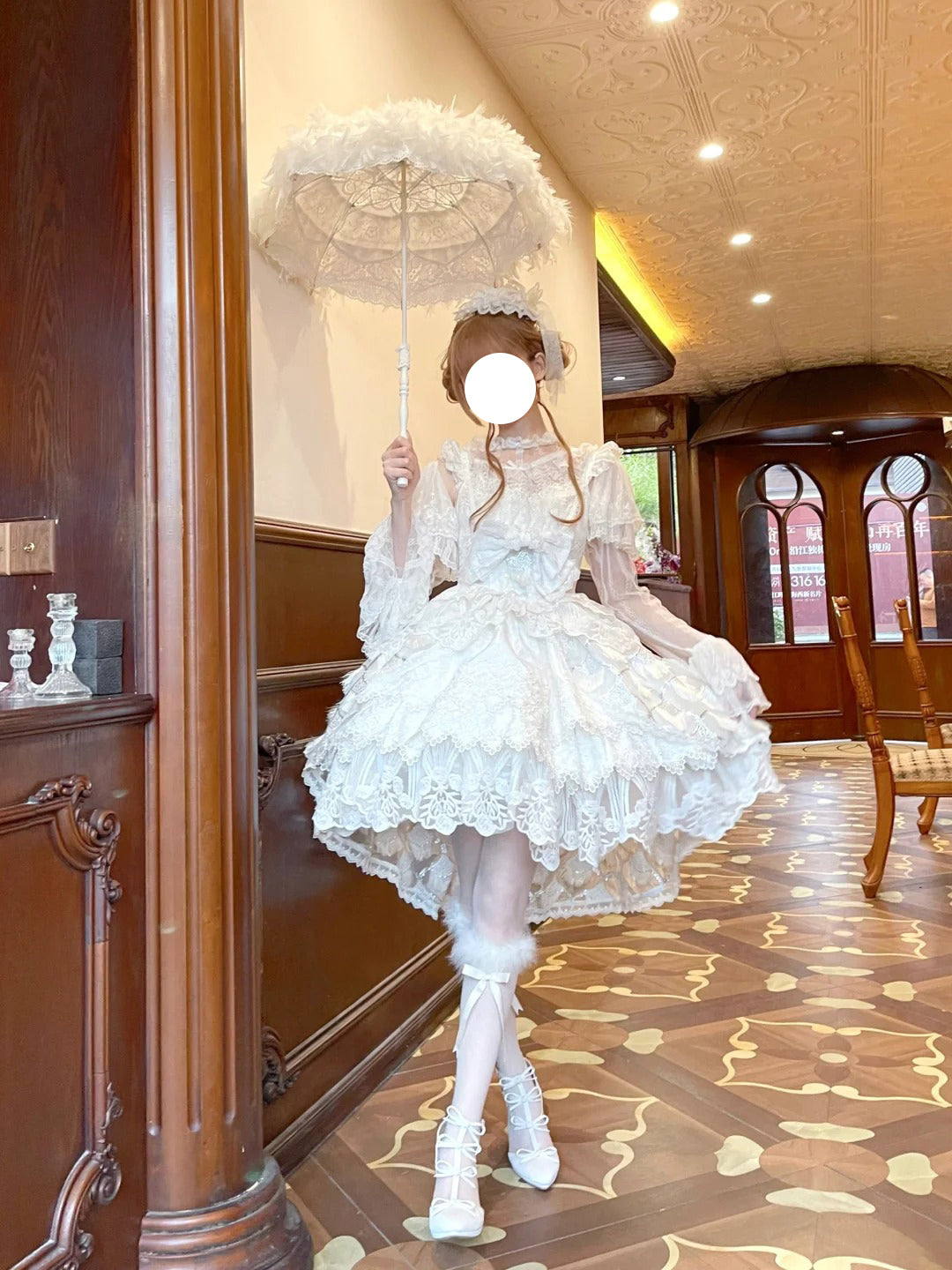 Hime Lolita Tea Party Fashion White Ethereal White Lace Dress with Sheer Panels Feather Embellishments