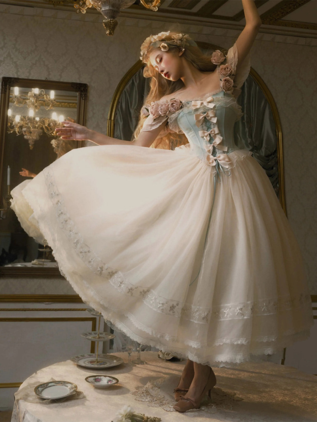 Hime Lolita Tea Party Fashion Off Apricot Shoulder Floral Ball Gown