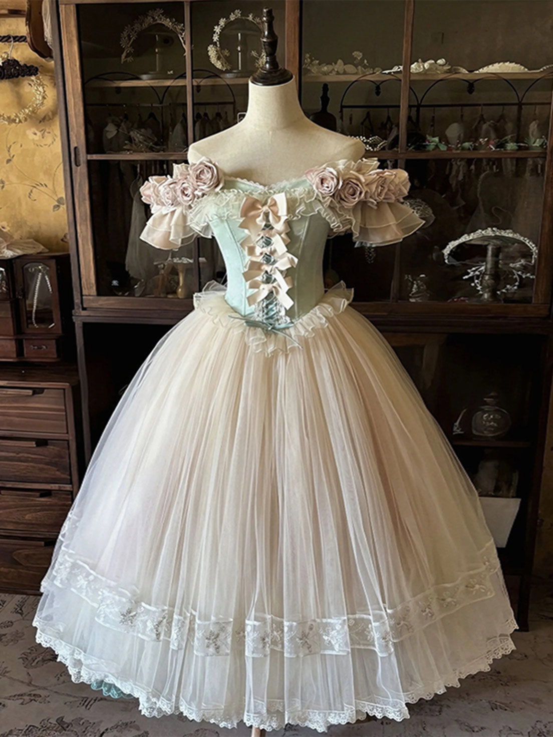 Hime Lolita Tea Party Fashion Off Apricot Shoulder Floral Ball Gown