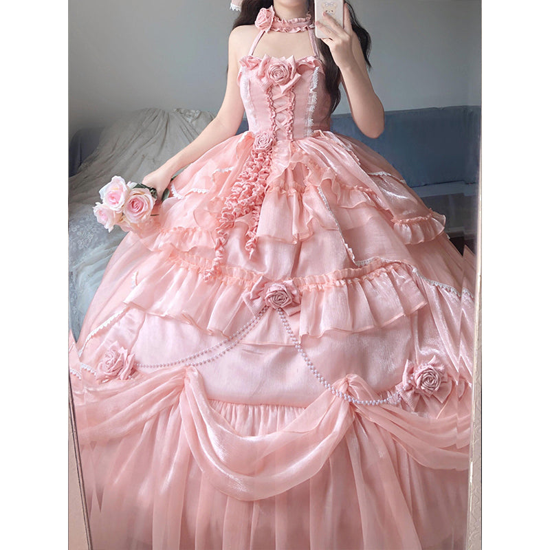 Hime Lolita Tea Party Fashion Pink Organza Ball Gown Lolita Dress with Rose Dress