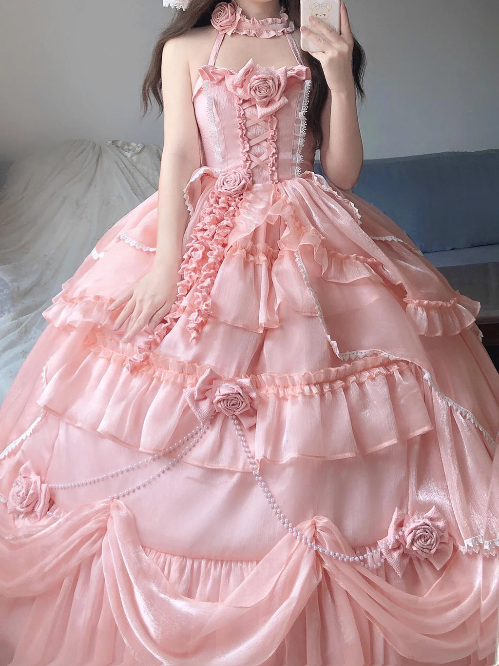 Hime Lolita Tea Party Fashion Pink Organza Ball Gown Lolita Dress with Rose Dress
