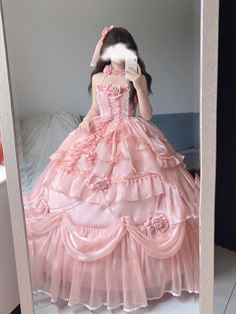 Hime Lolita Tea Party Fashion Pink Organza Ball Gown Lolita Dress with Rose Dress