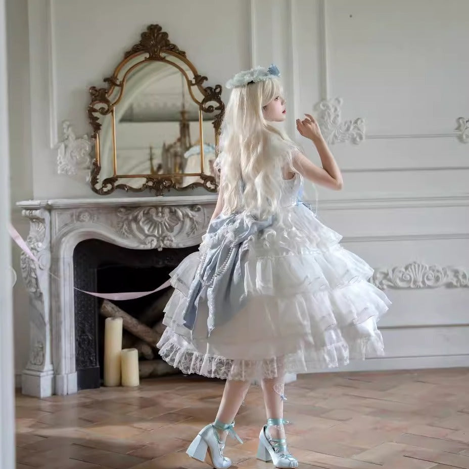 Hime Lolita Tea Party Fashion Whimsical Blue Bow White Lace Dress