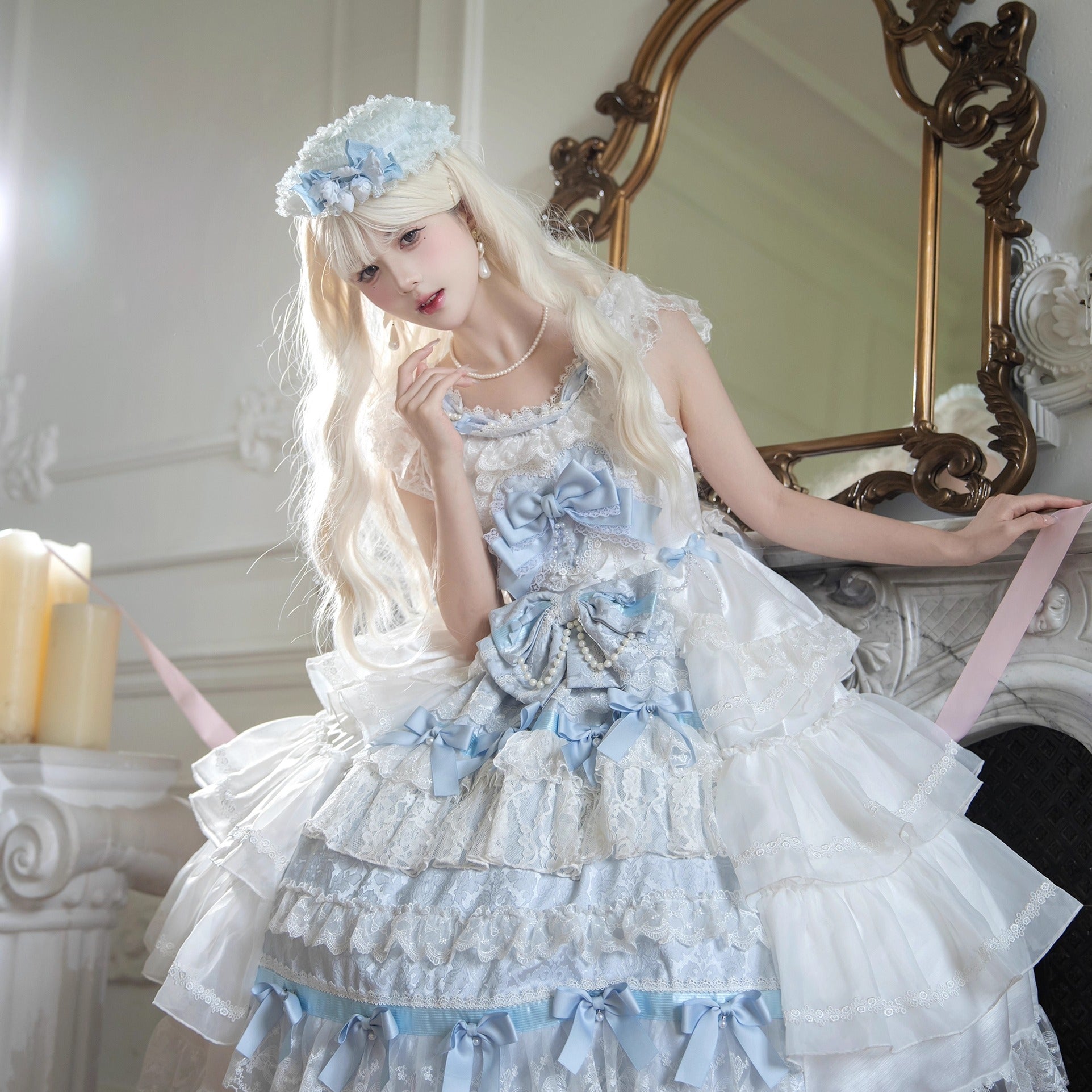 Hime Lolita Tea Party Fashion Whimsical Blue Bow White Lace Dress
