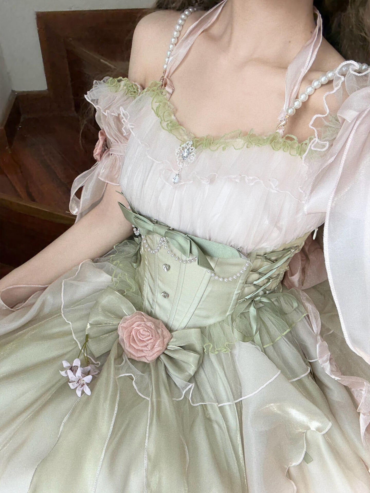 Hime Lolita Tea Party Fashion Whimsical Green Pastel Off Shoulder Dress
