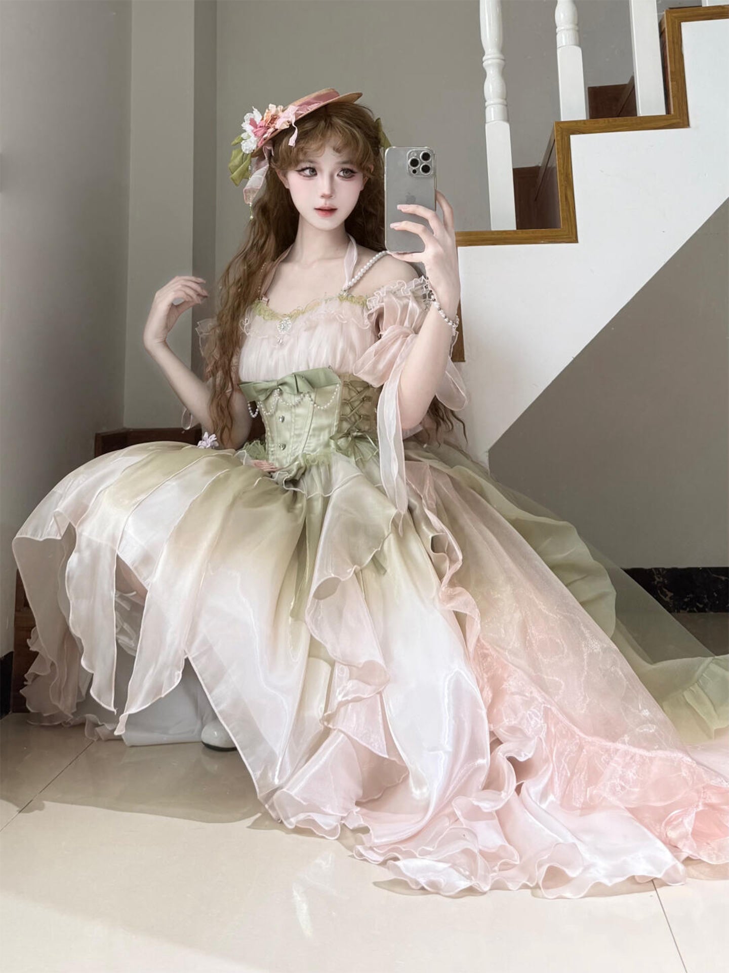 Hime Lolita Tea Party Fashion Whimsical Green Pastel Off Shoulder Dress