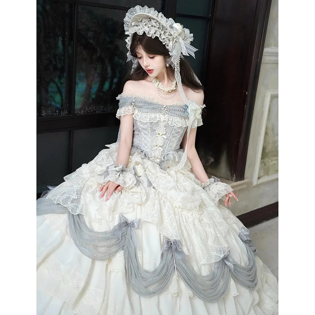 Hime Lolita Tea Party Fashion White Regal Off Shoulder Lace Dress