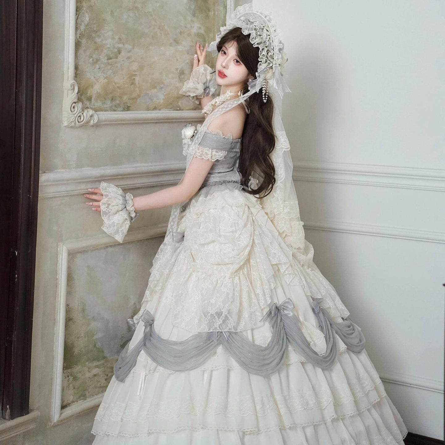 Hime Lolita Tea Party Fashion White Regal Off Shoulder Lace Dress