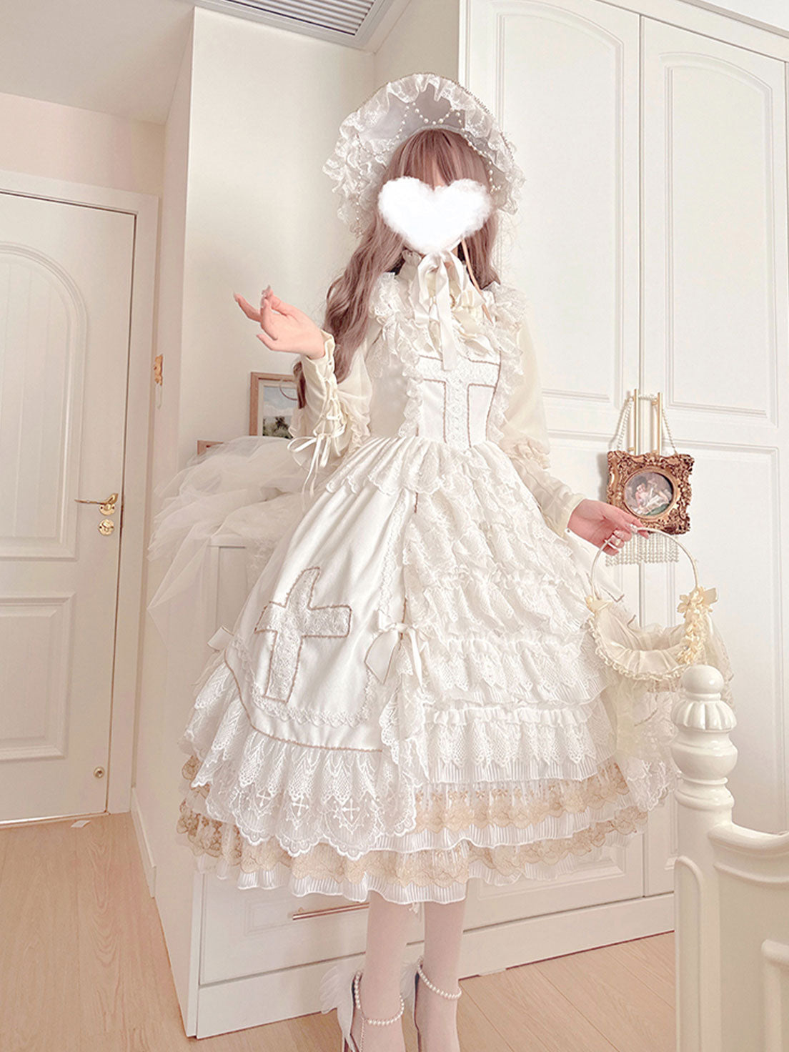 Hime Lolita Tea Party Fashion White Wedding Whimsical Cross Embroidered Ball Gown