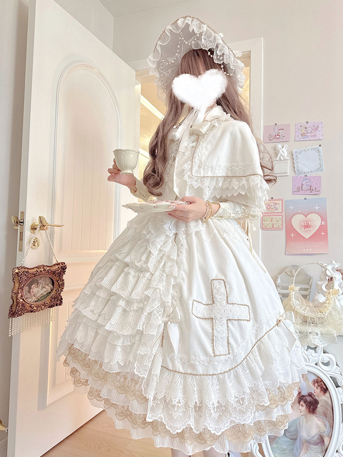 Hime Lolita Tea Party Fashion White Wedding Whimsical Cross Embroidered Ball Gown