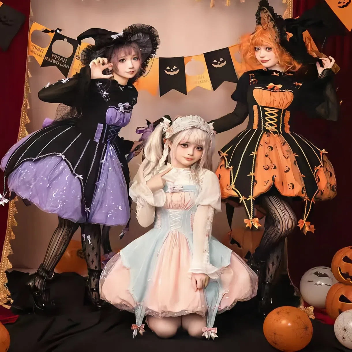 Jack-O-Lantern Sweet Halloween Costume Orange Lolita Dress Witch Hat Girl Long Sleeves Dress