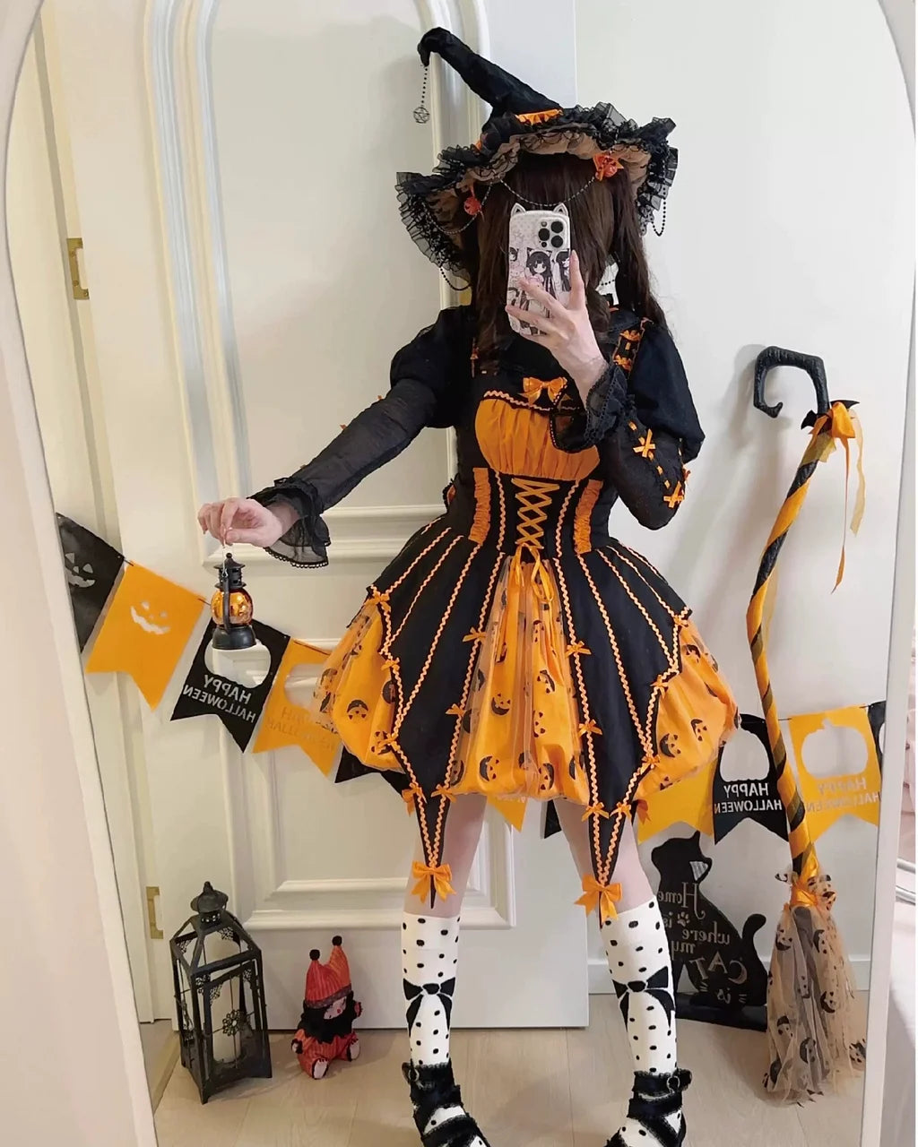 Jack-O-Lantern Sweet Halloween Costume Orange Lolita Dress Witch Hat Girl Long Sleeves Dress