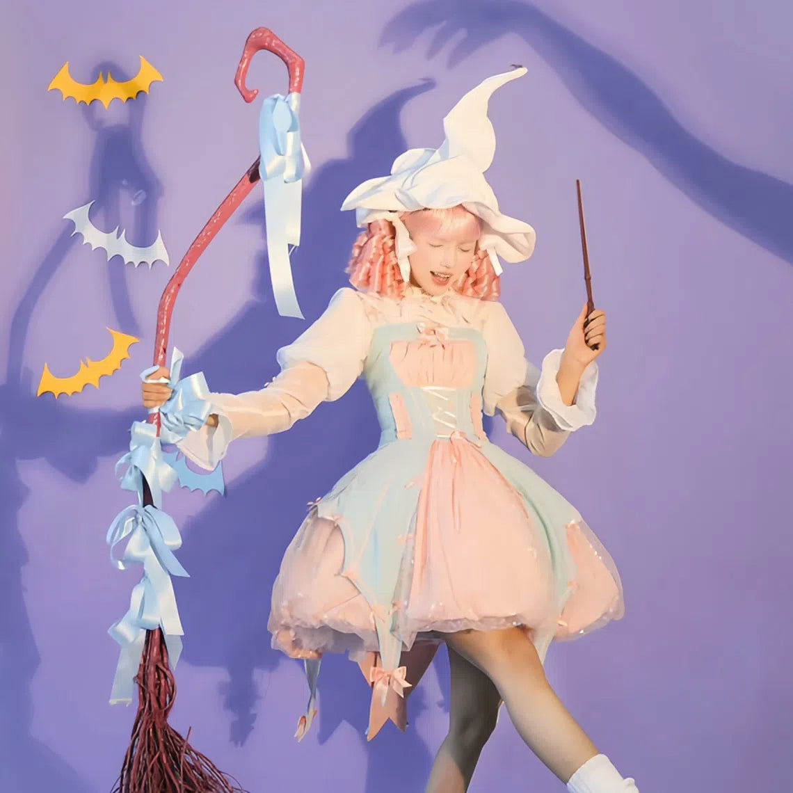 Gothic Lolita Jack-O-Lantern Sweet Halloween Costume Pink Blue Witch Long Sleeves Dress