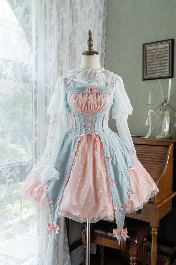 Gothic Lolita Jack-O-Lantern Sweet Halloween Costume Pink Blue Witch Long Sleeves Dress