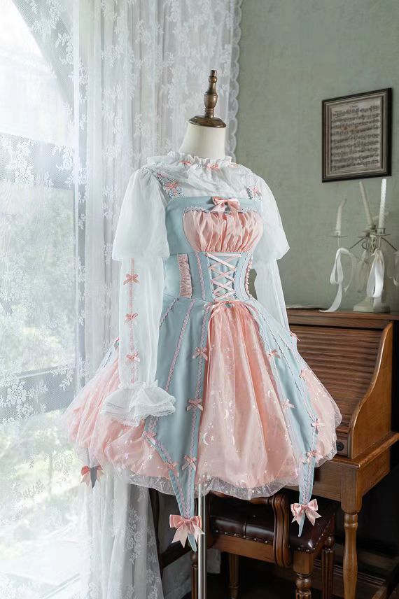 Gothic Lolita Jack-O-Lantern Sweet Halloween Costume Pink Blue Witch Long Sleeves Dress