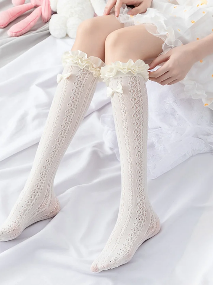 Lolita Stockings Lace Bow White Silk Calf Socks Lolita Cute Girl Medium Tube Socks Black Lolita Accessories