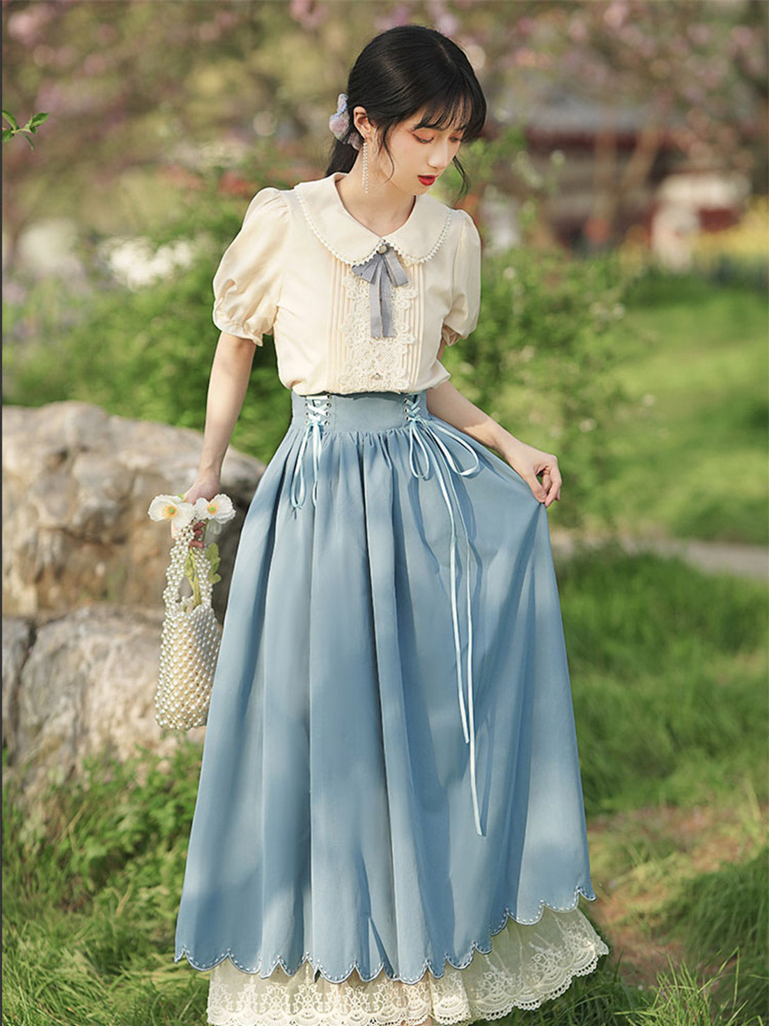 Classic Lolita Qi Loita Outfit Blue Dress Style French Retro Dress Court Dress