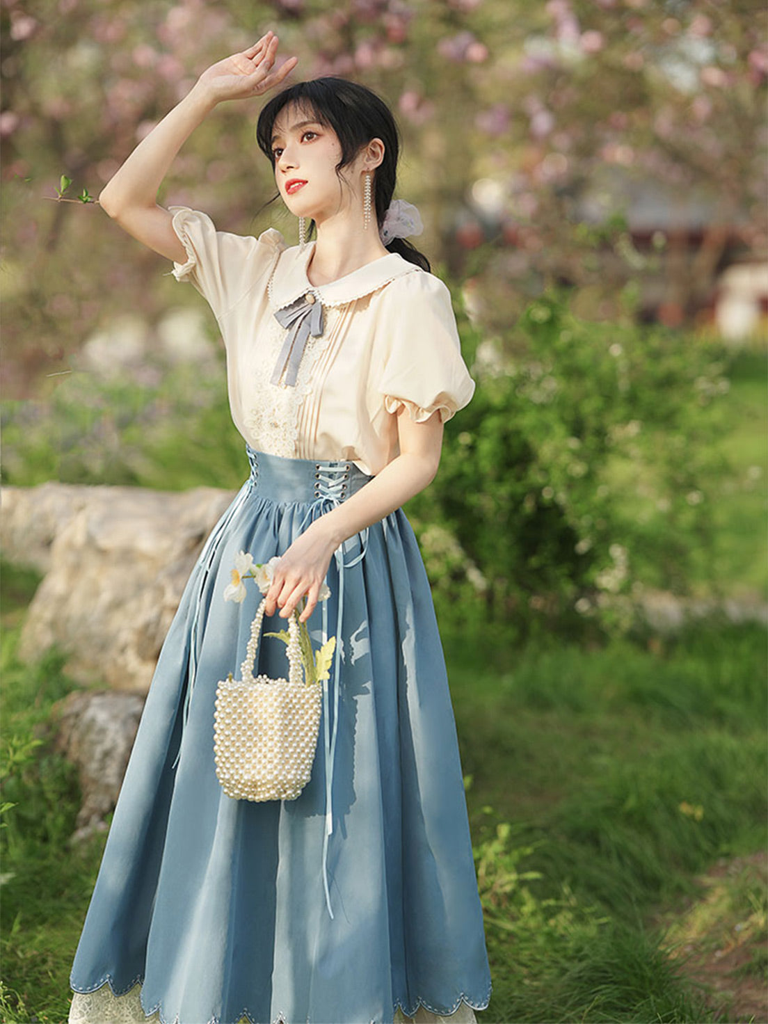 Classic Lolita Qi Loita Outfit Blue Dress Style French Retro Dress Court Dress