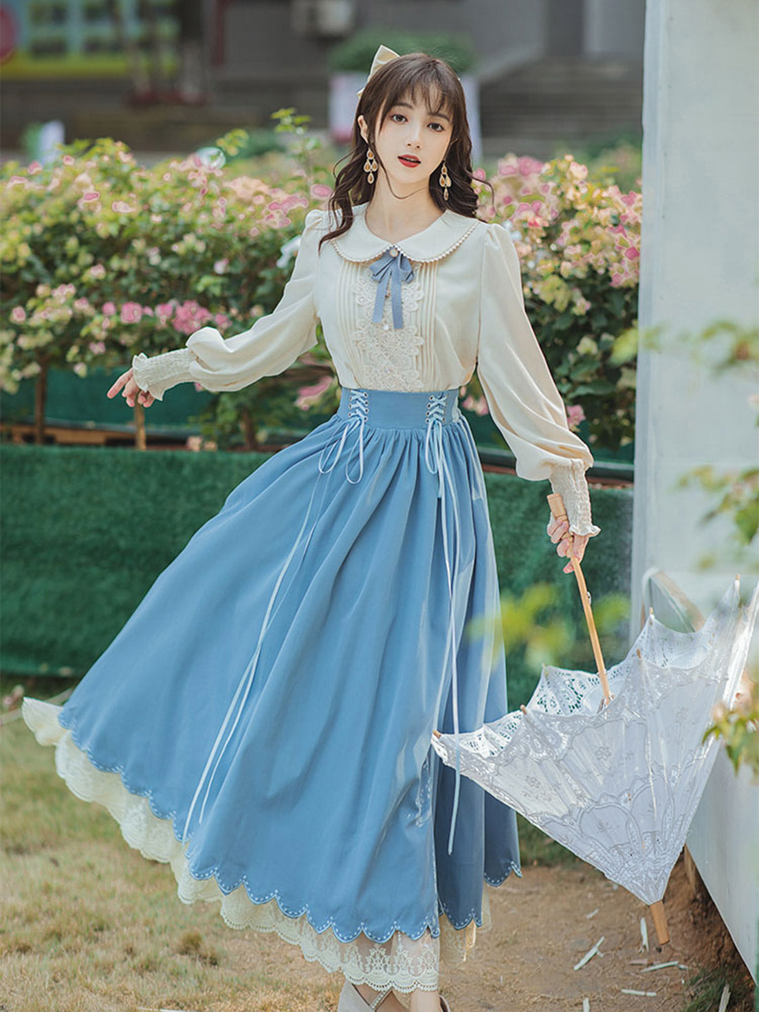 Classic Lolita Qi Loita Outfit Blue Dress Style French Retro Dress Court Dress