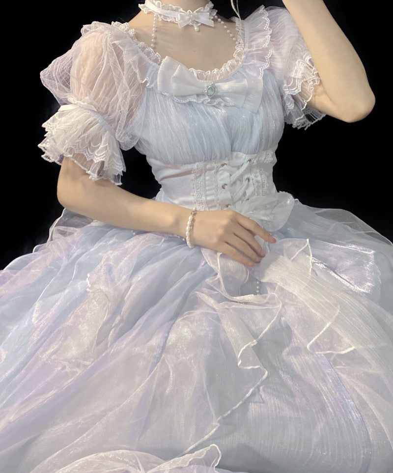 Hime Lolita Light Blue Lace Fluffy Dress Flower Wedding Summer