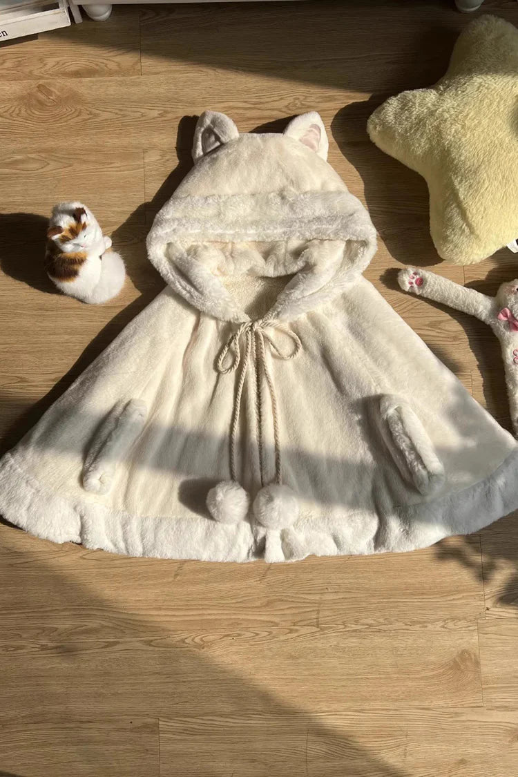 This Lolita coat in ivory features an adorable hood with kitty ears, designed in a sweet cape style. The cloak overcoat silhouette creates a soft and elegant flow, while the playful details highlight the charming Lolita aesthetic. Perfect for autumn and winter, it provides both warmth and cuteness, making it an ideal outerwear choice for pairing with Lolita dresses and accessories.