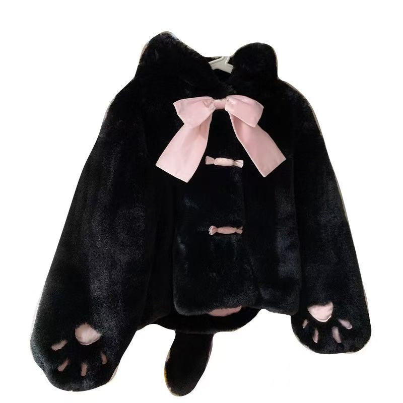 Lolita Coat Overcoat Beige Plush Cat Paw Quilted Soft Cute Autumn Winter Outfit