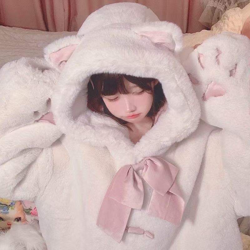 Lolita Coat Overcoat Beige Plush Cat Paw Quilted Soft Cute Autumn Winter Outfit