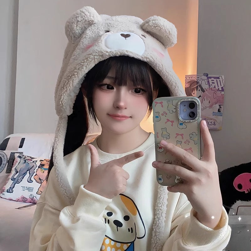 Design Concept:
This Lolita hair accessory is a fluffy winter hood made from soft lamb fleece, available in white and khaki. Designed with cute bear ears, tie-up pom-poms, and ear-covering flaps, it combines warmth with playful charm. With a head circumference of about 56–58cm, it offers a comfortable fit for most wearers. Perfect for autumn and winter, this hood keeps you cozy while adding a sweet and stylish Lolita touch to both daily outfits and cosplay looks.