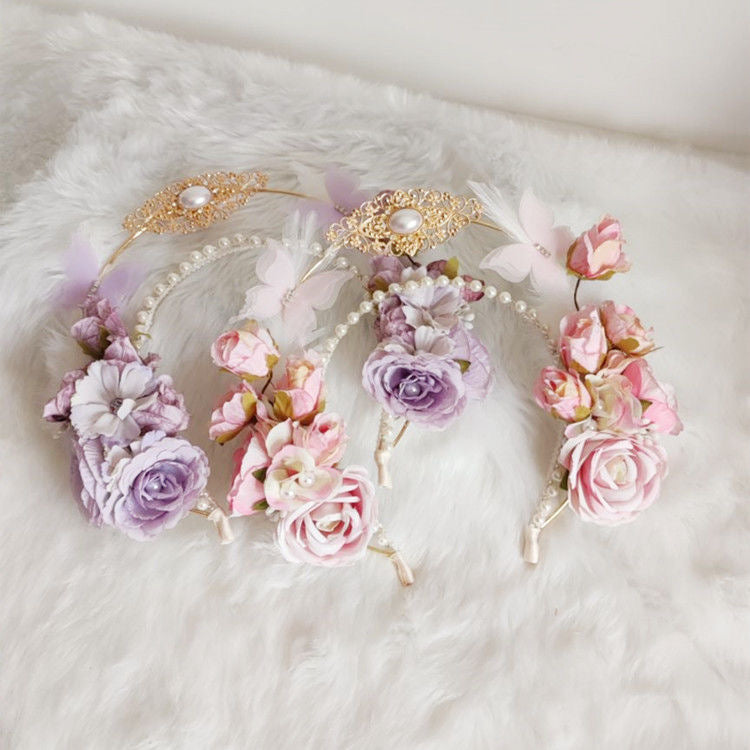 Lolita Accessories Headwear Crown Flower Pearl Tiara Rococo Headband Fairy Hair Accessories