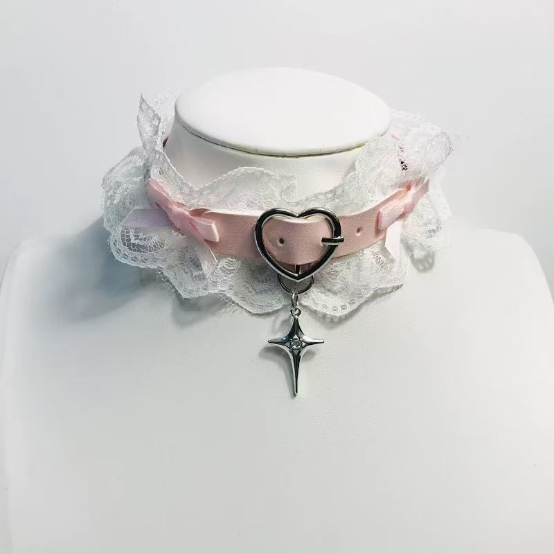 Design Concept:
This Lolita necklace features three sweet variations in soft pink lace, each with its own unique charm: a star pendant for a dreamy celestial touch, a bell pendant for a playful and cute accent, and a heart pendant that adds a hint of gothic sweetness, making them perfect to pair with Lolita fashion, cosplay, or daily wear.