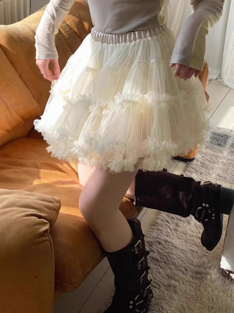 Lolita Petticoat Skirt - Balletcore Layered Tulle Pettiskirt in Beige Blue Khaki with Anti-Peek