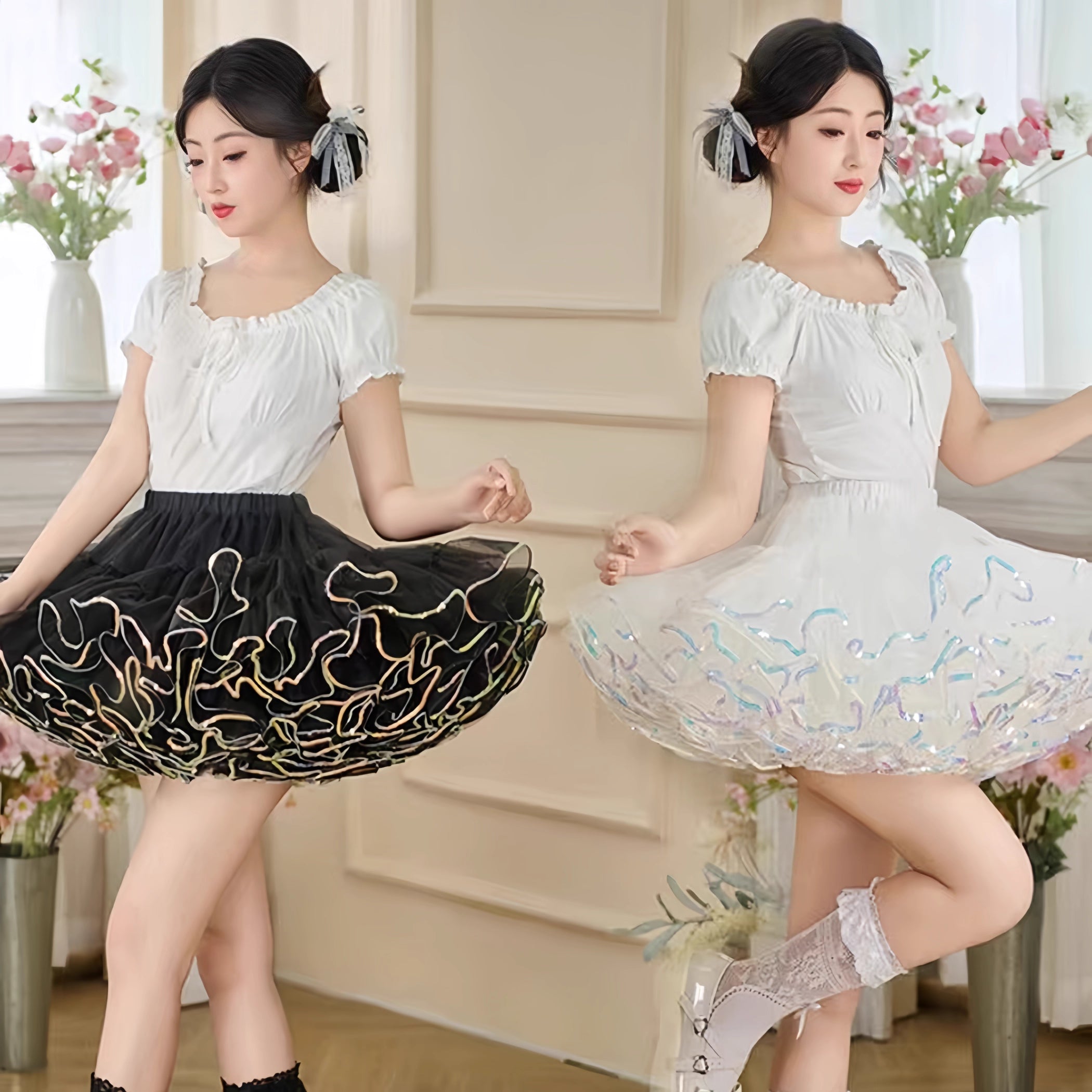 Lolita Petticoat Super Fluffy - Sparkle Trim Mid Rise Short Crinoline in Black White