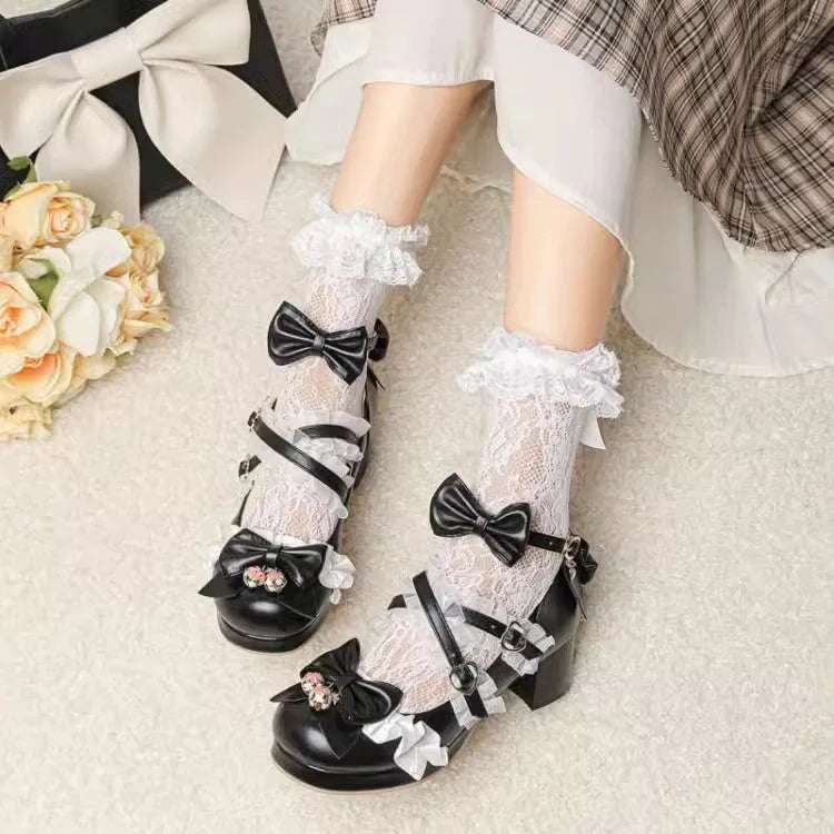 Design Concept:
These elegant Lolita high heels bring together sweet princess charm and refined details. Each pair is adorned with delicate lace, embroidered accents, and a graceful ribbon bow, creating a feminine and romantic aesthetic. Designed with a comfortable 3–5cm heel, they provide a subtle lift without sacrificing stability, making them suitable for long wear. Available in six enchanting colors—black, beige, pink, white, blue, and purple—these heels are the perfect finishing touch for both classic